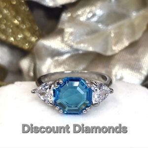3.5 Ct Sky Blue Sapphire & White Baguette Diamond Cocktail Ring on 925 Silver